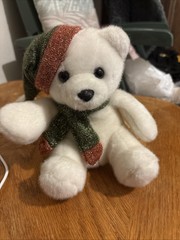Aurora Christmas Holiday White Polar Bear Plush Green Red Metallic Hat Scarf 7″