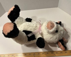 CalPlush Plush Cow Black & White With Horns & Pink Bow Stuffed Animal 2017 12”
