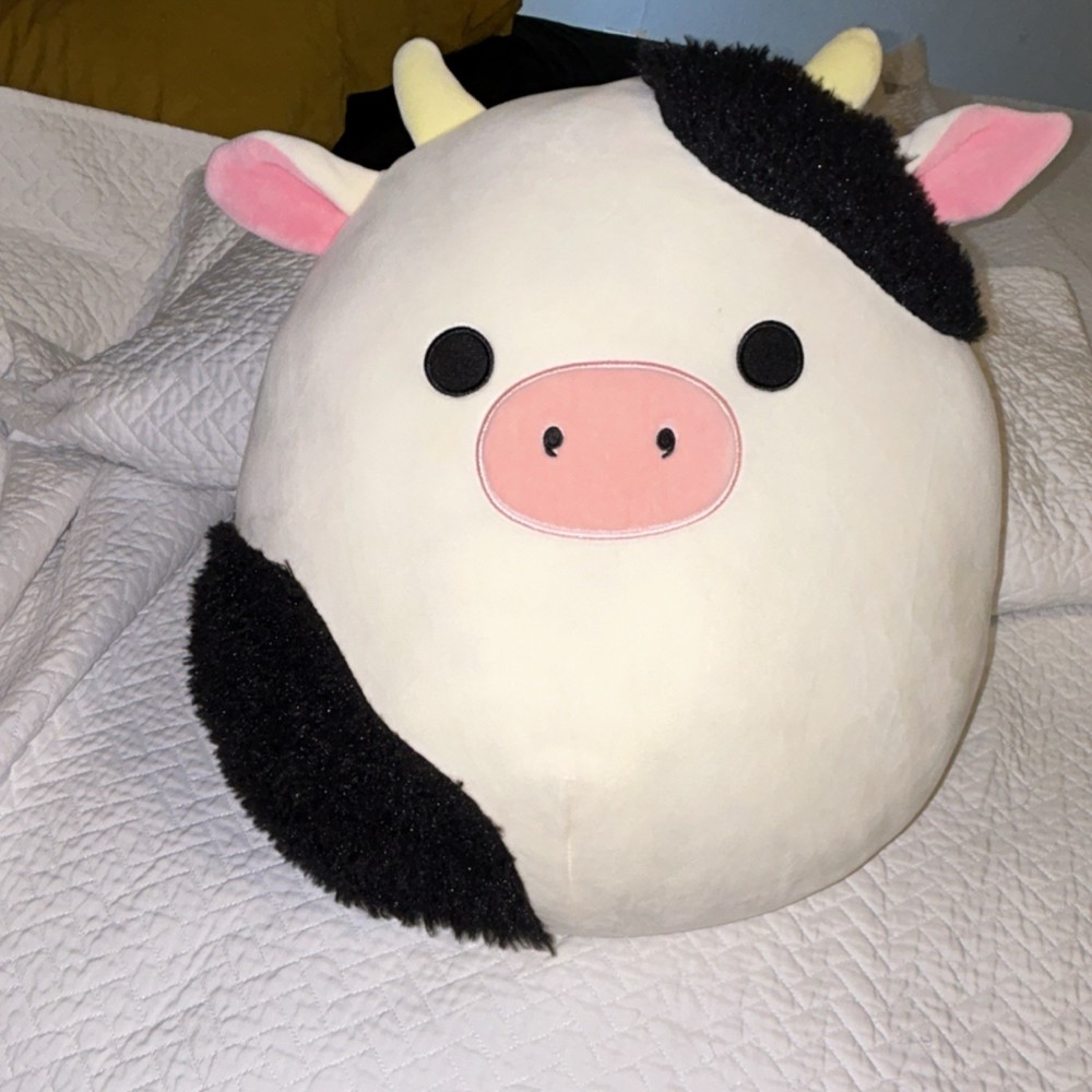 Kellytoy Squishmallows Large Cow Plush White Black Pink Washable