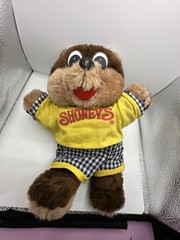 VTG 11” Shoneys Bear Stuffed Brown Teddy Bear Yellow Shirt Black White Checker