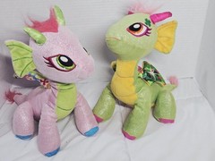 Pair 2 Snap Toys Glitter Shine Dragons Flora Pink & Green Plush 2016