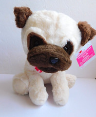 Puppy Dog Tan Brown Stuffed Plush About 11 inches tall Heart Red Bowtie