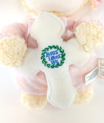 Vintage Amscan Pink Easter Lamb Plush holding Jesus Loves Me Cross 9.5″