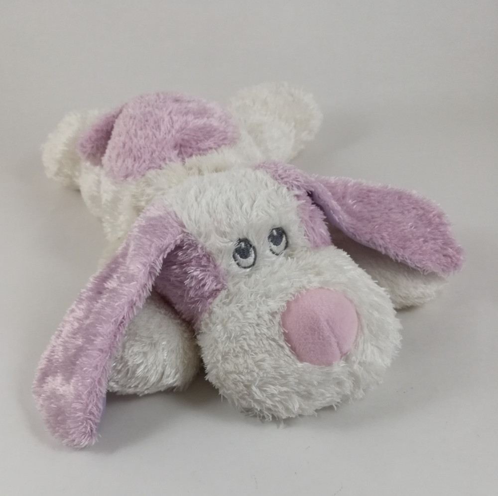 Aurora Baby Plush Puppy Dog Purple White Satin Ears Laying Flat 13 Inch