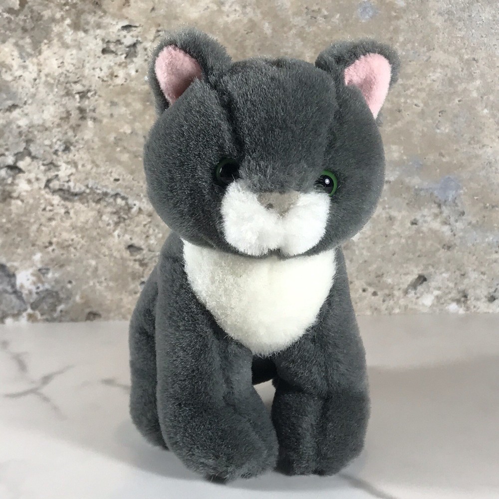 VINTAGE CASCADE TOYS GRAY WHITE SITTING KITTEN PLUSH GREEN EYES STUFFED ANIMAL