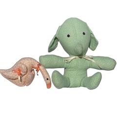 Handmade Floral Elephant and Goose Plush Set Vintage Style Calico Green Pink