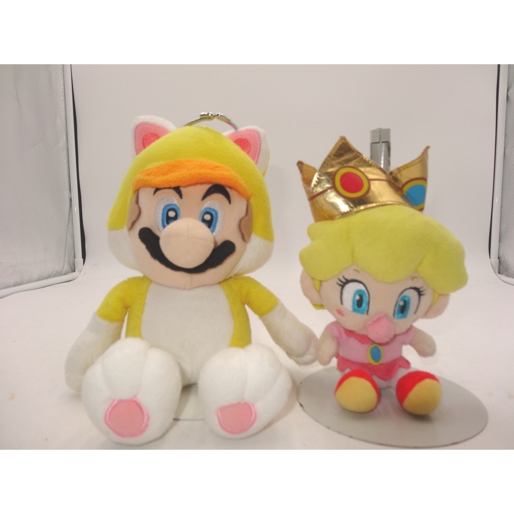 Super Mario Cat Mario and Baby Peach Plush Set Nintendo Yellow Pink