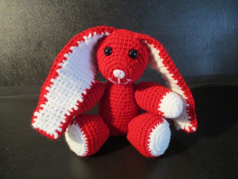 HANDMADE CROCHET RED AND WHITE FLOPPY EARED RABBIT NEW