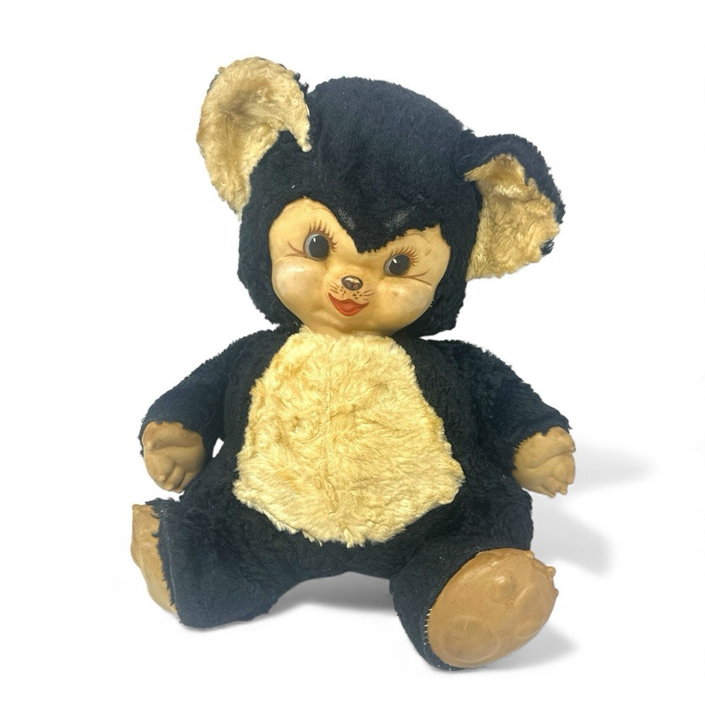 VTG 1950s Rubber Face Plush Teddy Bear Black Cream Retro Kitsch Collectible 14”