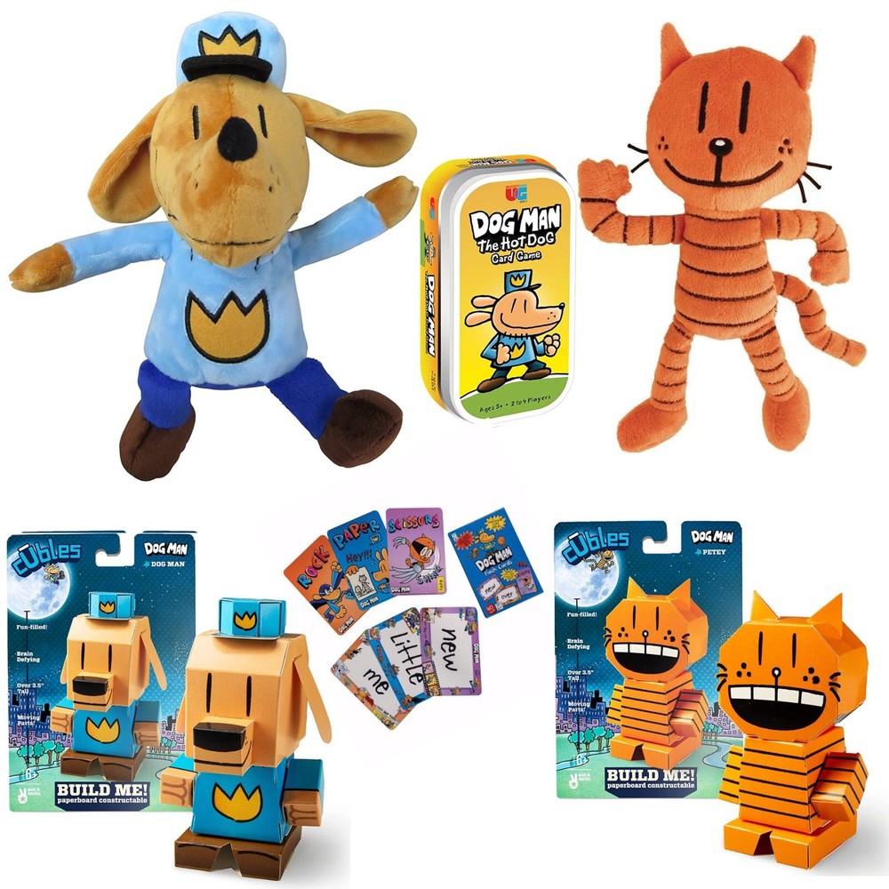 Dav Pilkey Hero Gift Set Includes Dog Man + Petey Plush and Cubles, Hot Dog Game