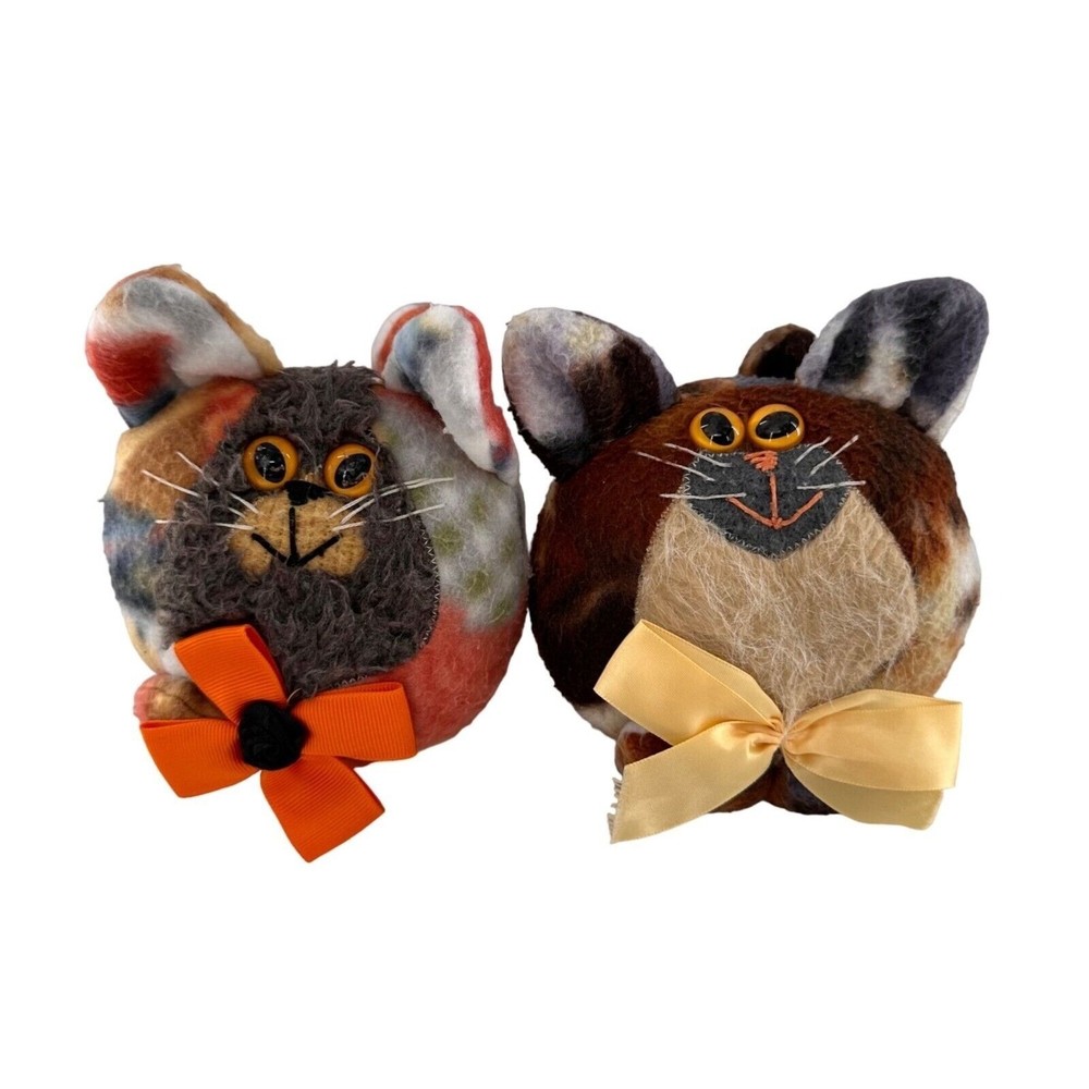 Handmade Felt Cat Plush Bow Tie Multicolored 6 Inch Cute Round Design Set Of 2