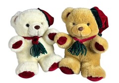 Christmas Plush Teddy Bears Lot of 2 White Tan Holiday Stuffed Animal Toy Gift