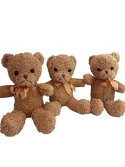 3 Matching Tan Teddy Bears Plush Ribbon Bow Nursery Decor Baby Shower Neutral