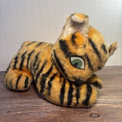 Vintage 50s 60s Plush Stuffed Animal Tiger Green Eyes Orange Black Stripes 11”