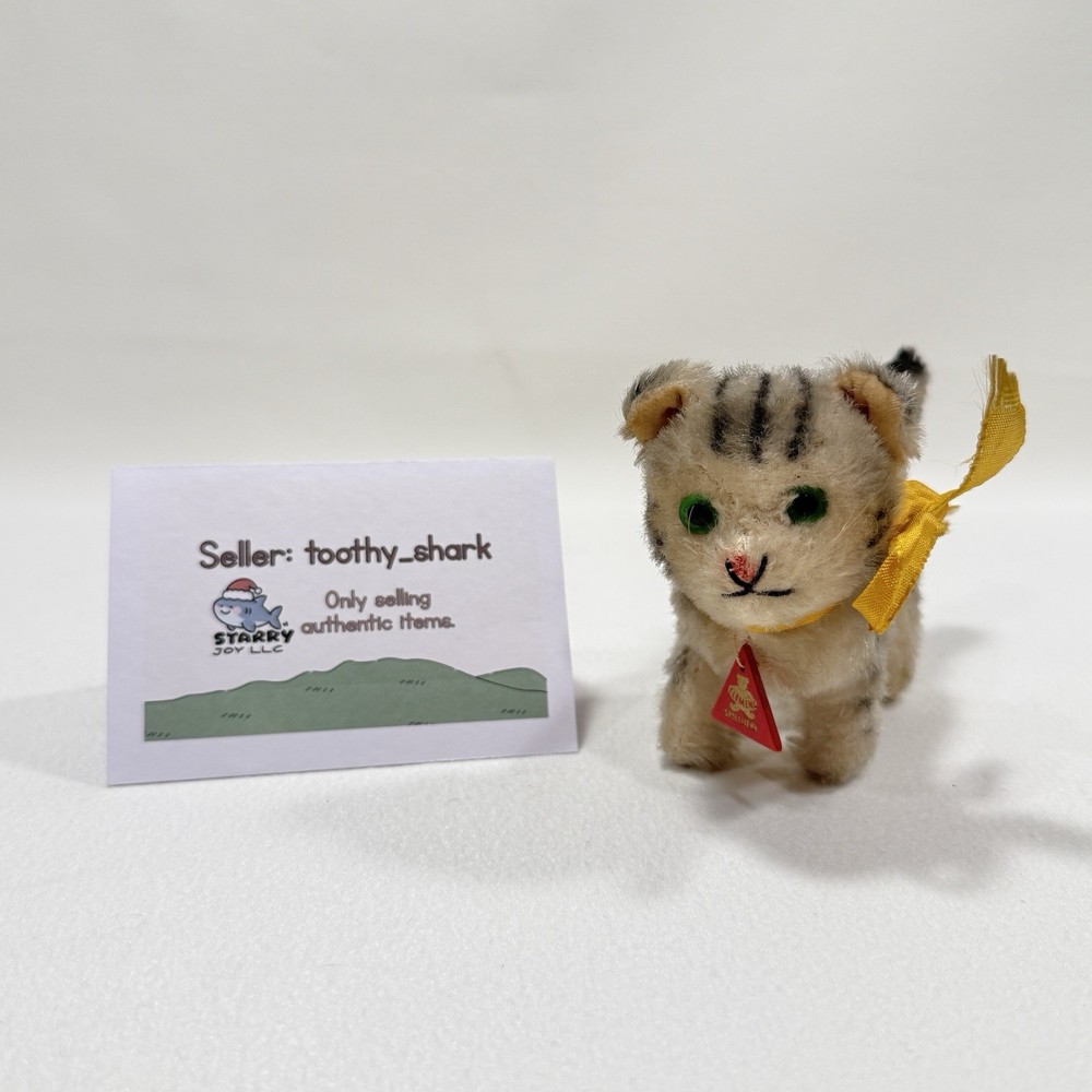 Vintage Clemens Spieltiere Mohair Tabby Cat Kitten Germany W/ Red Chest Tag