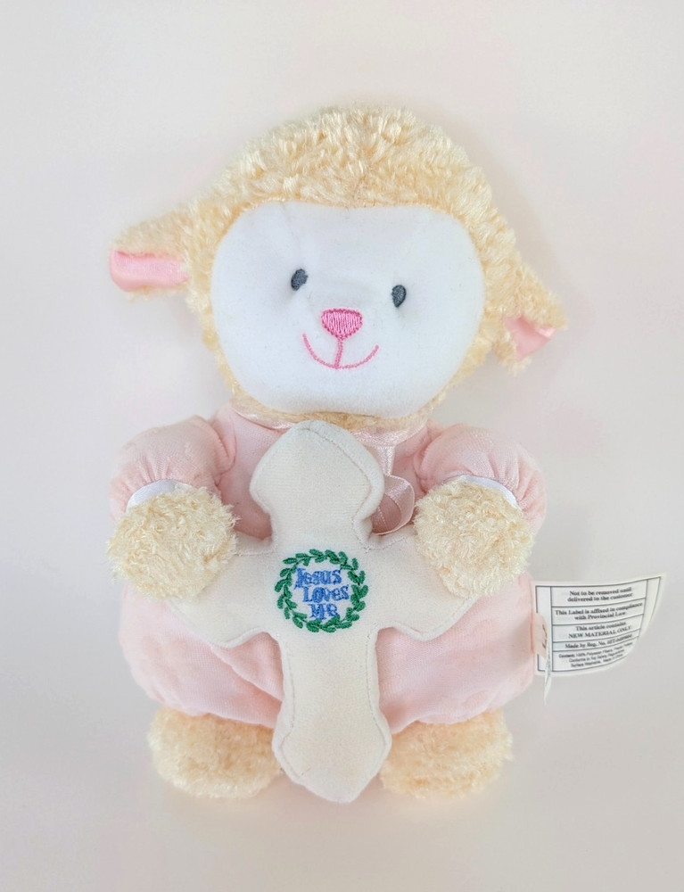 Vintage Amscan Pink Easter Lamb Plush holding Jesus Loves Me Cross 9.5″
