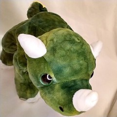 Dinosaur Plush Animal Green & Yellow With Plastic Eyes, White Ears and Horn