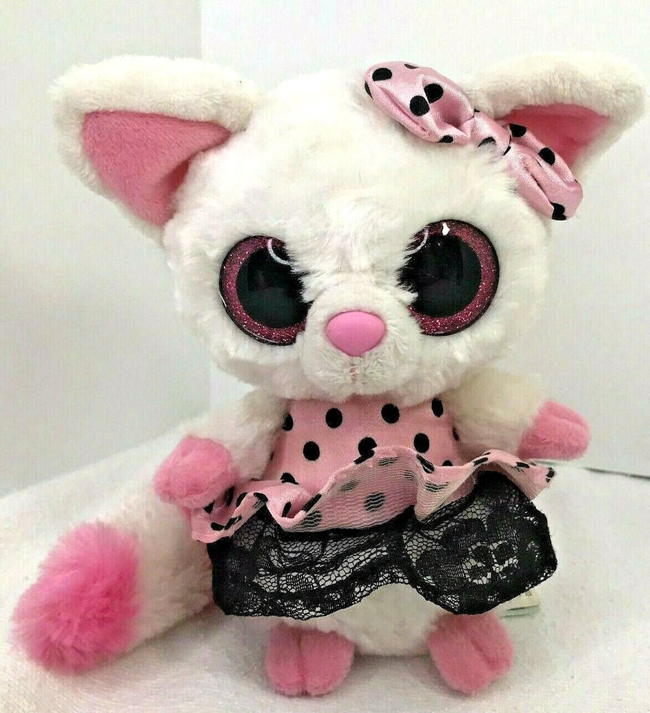 Pammee Yoohoo & Friends White Fox 6″ Plush Pink Black Polk Dot Glitter Eyes