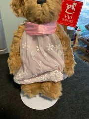 F.A.O. Schwarz tan Bear in her pink & white sleeping outfit she is 12” tall
