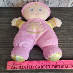 Fisher Price Pink Baby Doll Rattle Plush 10″ Stuffed Animal Toy Blue Eyes Satin