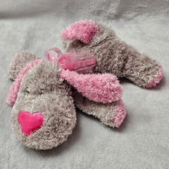 Chosun International Gray Pink Puppy Plush Curly Fur Embroidered Heart Bow 8 In