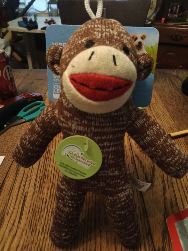 Vibrant Life Sock Monkey Plush Dog Toy Small Brown Beige Red GRS Recycled