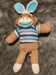 Dan Dee Brown Knit SOCK MONKEY Blue Bunny Ears White Gray Striped Sweater Lovey