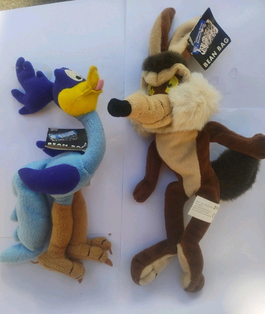 Lot of 2 Vintage Warner Bros Beanie Wile E Coyote 12″ & Road Runner 10″ Tags