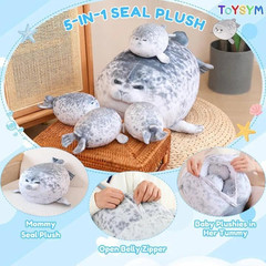 TOYSYM Chubby Blob Seal Pillow Cute Seal Plush with 4 Baby Plushies in Her Tummy