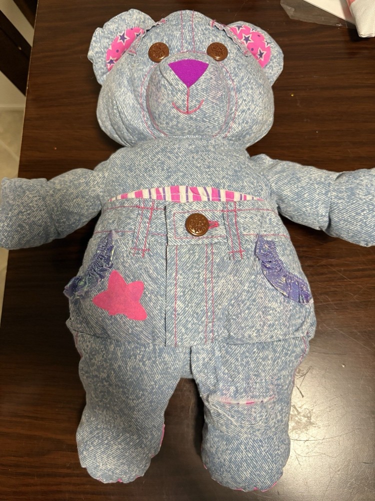 Vintage 1994 Tyco 16″ Doodle Bear Pocket Blue Pink Denim Plush Stuffed Animal