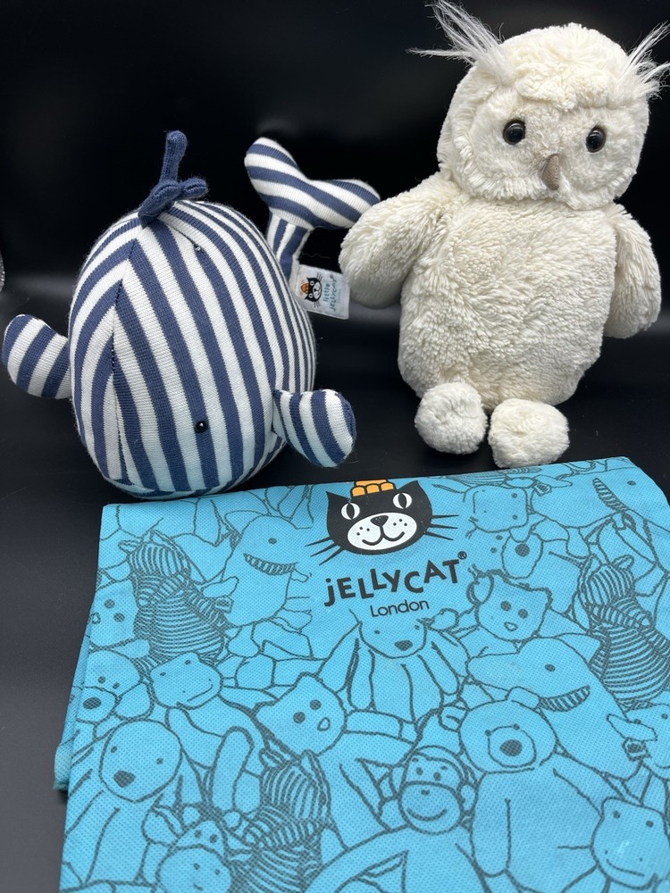 Jellycat Owl And Whale Chime Plush With Jellycat Branded Drawstring Bag.