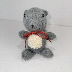 Handmade Crochet Squirrel Plush Doll Grey White Small With Bow And Button Eyes