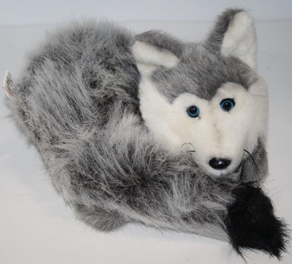 K&M Intl Silver Fox Wolf Husky 8″ Curled Tummy Plush Soft Toy Stuffed Blue Eyes