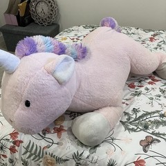Large Pink Unicorn Plush Stuffed Animal Pillow, Purple/Blue Mane, Washable