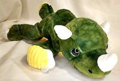 Dinosaur Plush Animal Green & Yellow With Plastic Eyes, White Ears and Horn