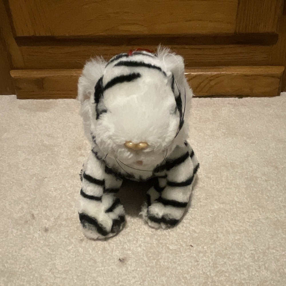 White Tiger Plush Stuffed Animal w/ Black Stripes & Red Ribbon, Small 6-14 in