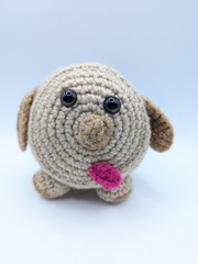 Handmade Puppy w/ Wagging Tongue Dog Plush Crochet Stuffed Toy. Tan & Brown