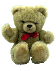 Vtg Eden Toys Teddy Bear Plush Brown Tan beige 13″ Red Bow stuffed Lovey