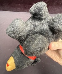 Vintage Straw Stuffed Black Bear Rubber Face Red Collar Chain Glass Eyes