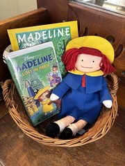 1990 Madeline Doll, 1987 Madeline Pop Up Book, and VHS of Madeline Lost In Paris