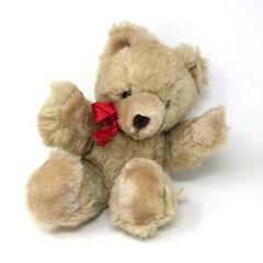 Eden Teddy Bear Plush Tan Beige Red Satin Bow 9″ Seated Vintage 80s Lovey