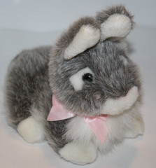 Easter Creations Gray White Plush Bunny Rabbit 9″ Furry Tummy Soft Toy Pink Bow
