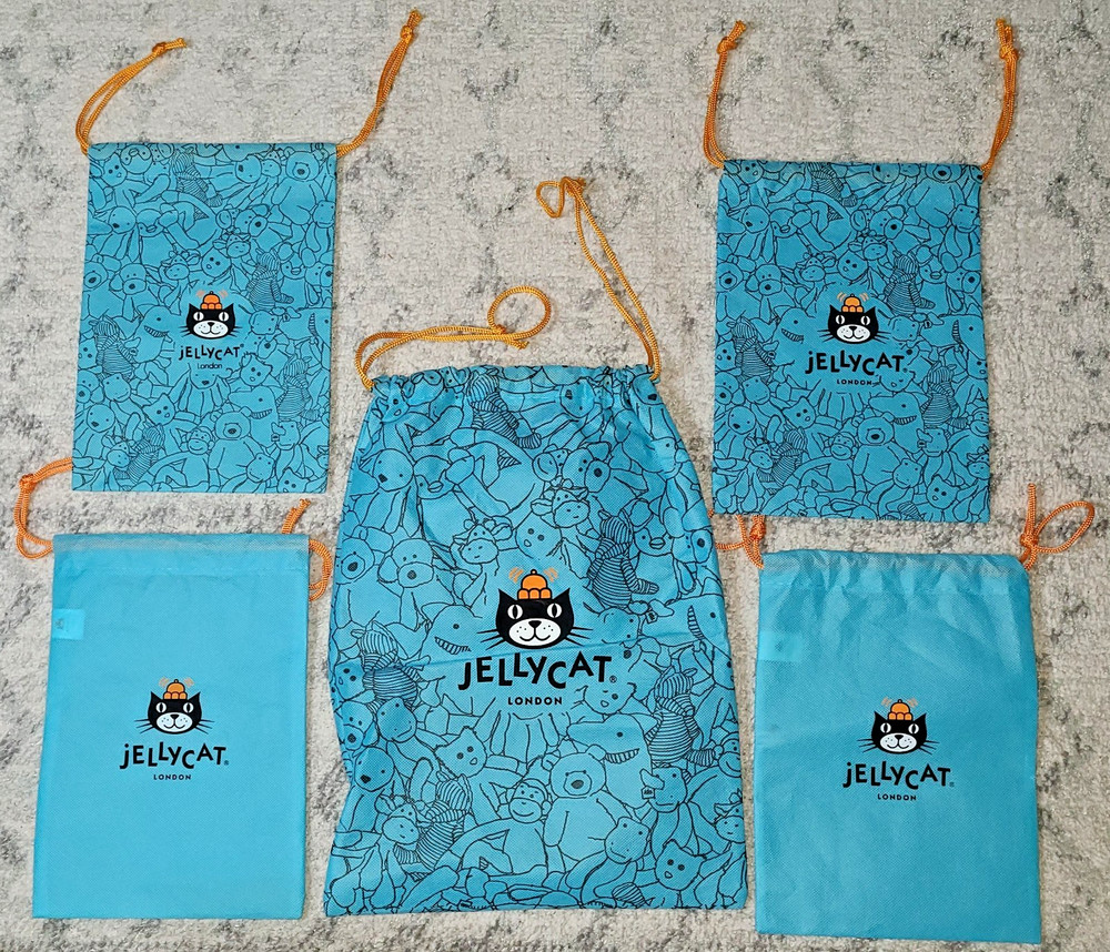 lot of 5 Jellycat London blue drawstring pouch DUST BAGS, 4 medium, 1 large