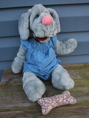 Vintage Ganz Bros Wrinkles Dog Hand Puppet Plush 18” Girl With Bone & Blue Dress