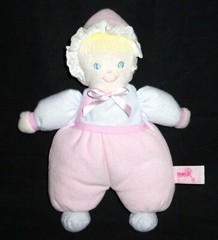13″ MARGIE Pink White Baby Doll Blue Eyes Blonde Bonnet Plush Stuffed Lovey Toy
