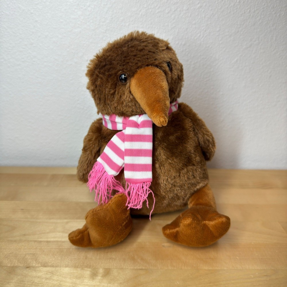 Kiwi Friends New Zealand Brown Bird Plush Pink Striped Scarf Souvenir 9″ CHIRPS!