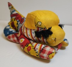 Vintage 1978 Patchwork Puppy Dog Samet And Wells Yellow Blue Red Eyelashes Sleep