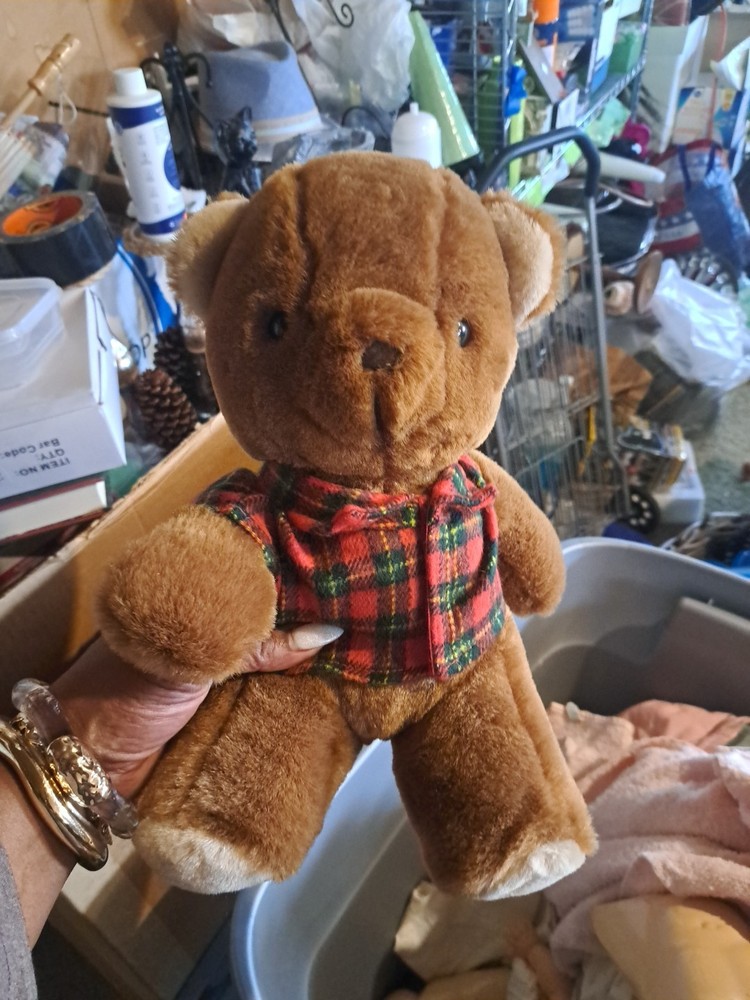 James River Teddy Bear Plush Brown Plaid Jacket Vintage 1987 13”