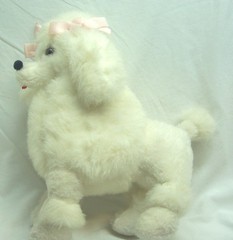 ANTIQUE 1950’s WHITE STANDARD POODLE W/ PINK BOWS 14″ Plush STUFFED ANIMAL TOY