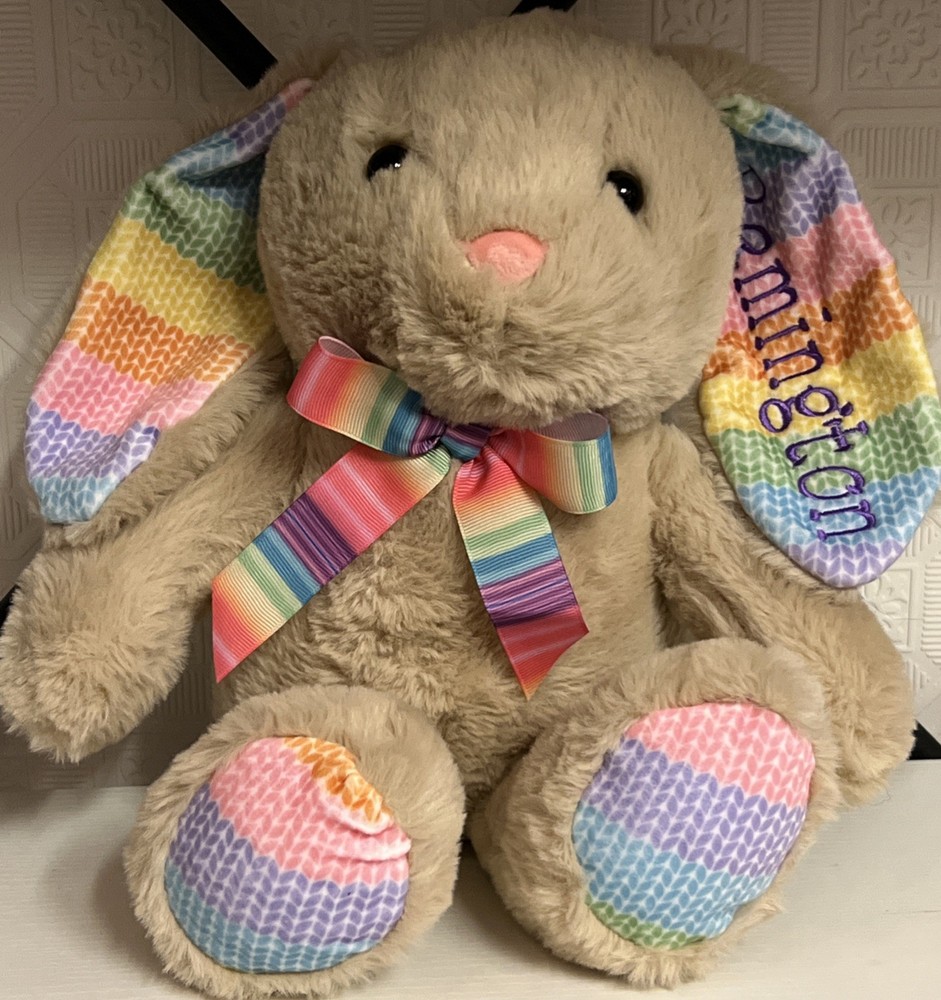 Hobby Lobby Stores Kids Rainbow Bunny Rabbit Plush Stuffed Animal Brown Tan 15″